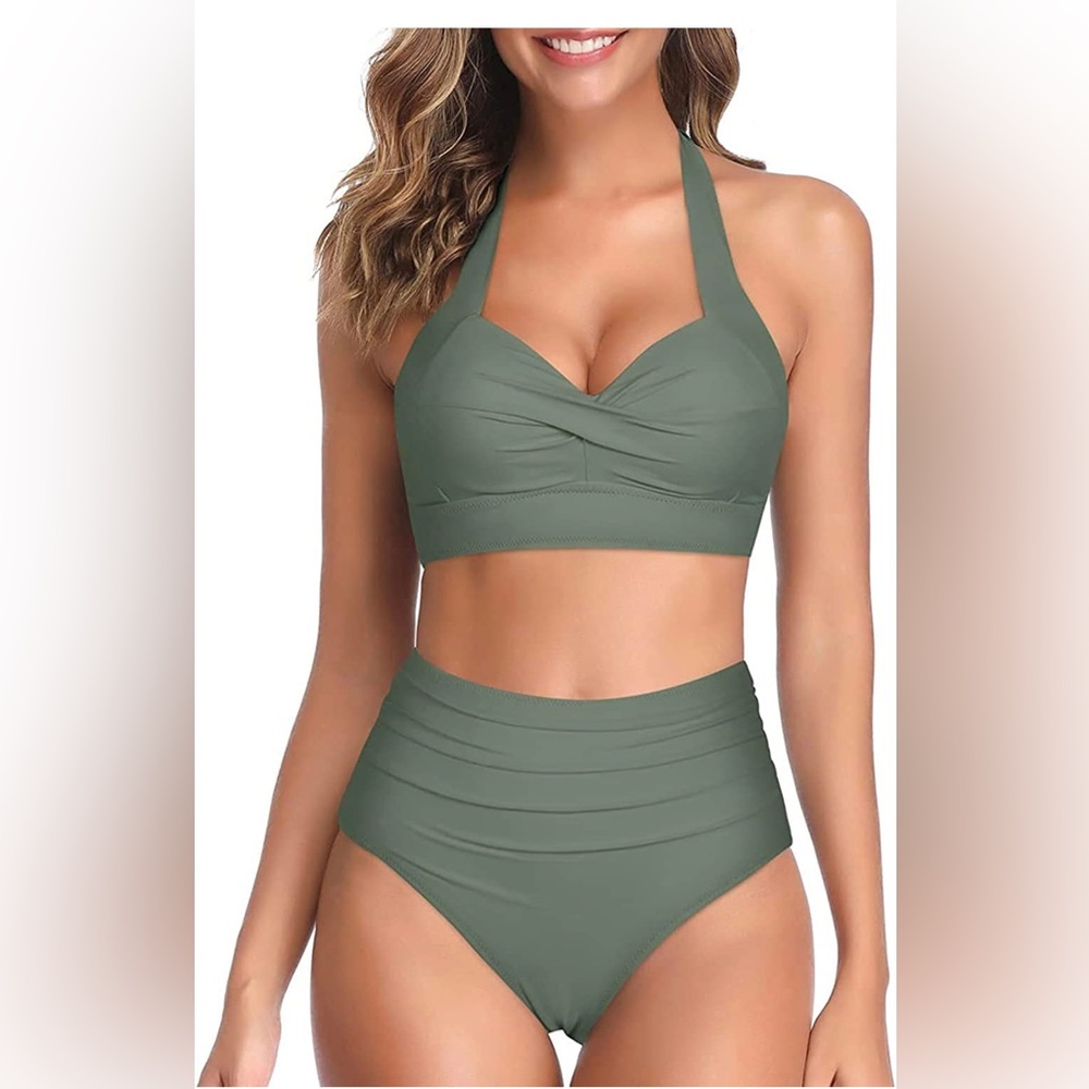 Two Piece Vintage Swimsuit Retro Halter Ruched High Waist Bikini with Bottom L